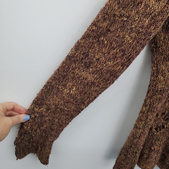 BKE Brown Marled Knit Sweater L 1/4 Button Up Long Sleeve Open Weave Boho - Picture 9 of 16